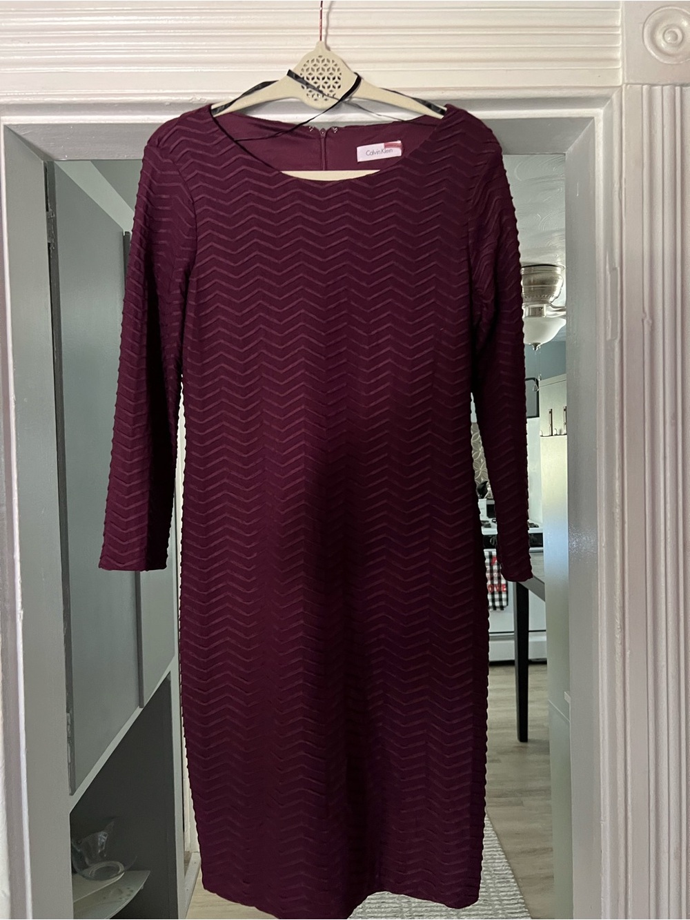 Calvin Klein Chevron Textured Dress in Burgundy